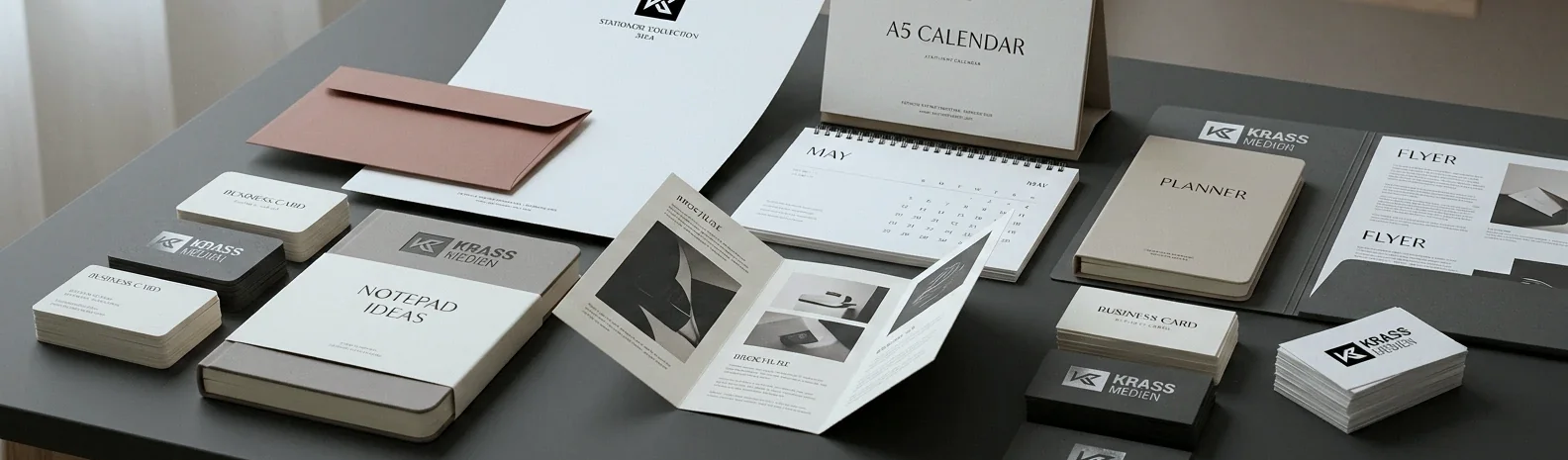 Visitenkarten, Notizblock, Broschuere, Tischkalender und Flyer mit KrassMedien-Logo