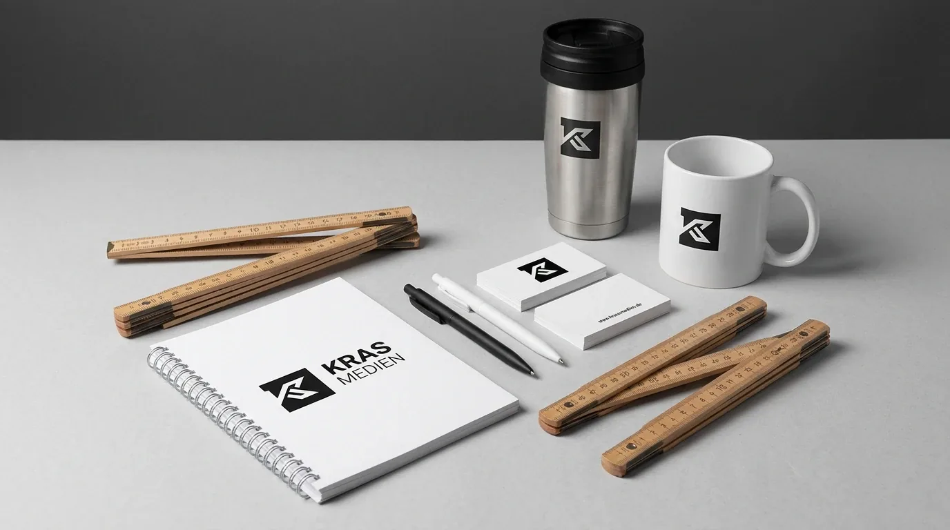 Unbedruckte Tasse, Notizblock, Kugelschreiber und Brille auf einem Tisch